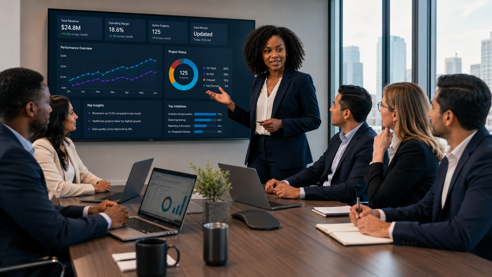 Diverse executive team reviewing decision intelligence and analytics